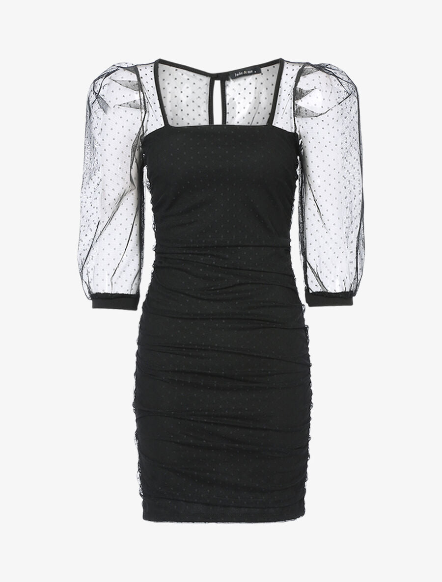 Robe fourreau en tulle à pois - Noir - 1