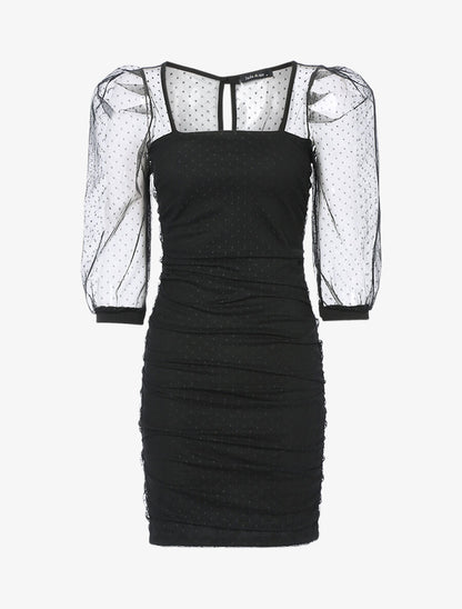 Robe fourreau en tulle à pois - Noir - 1