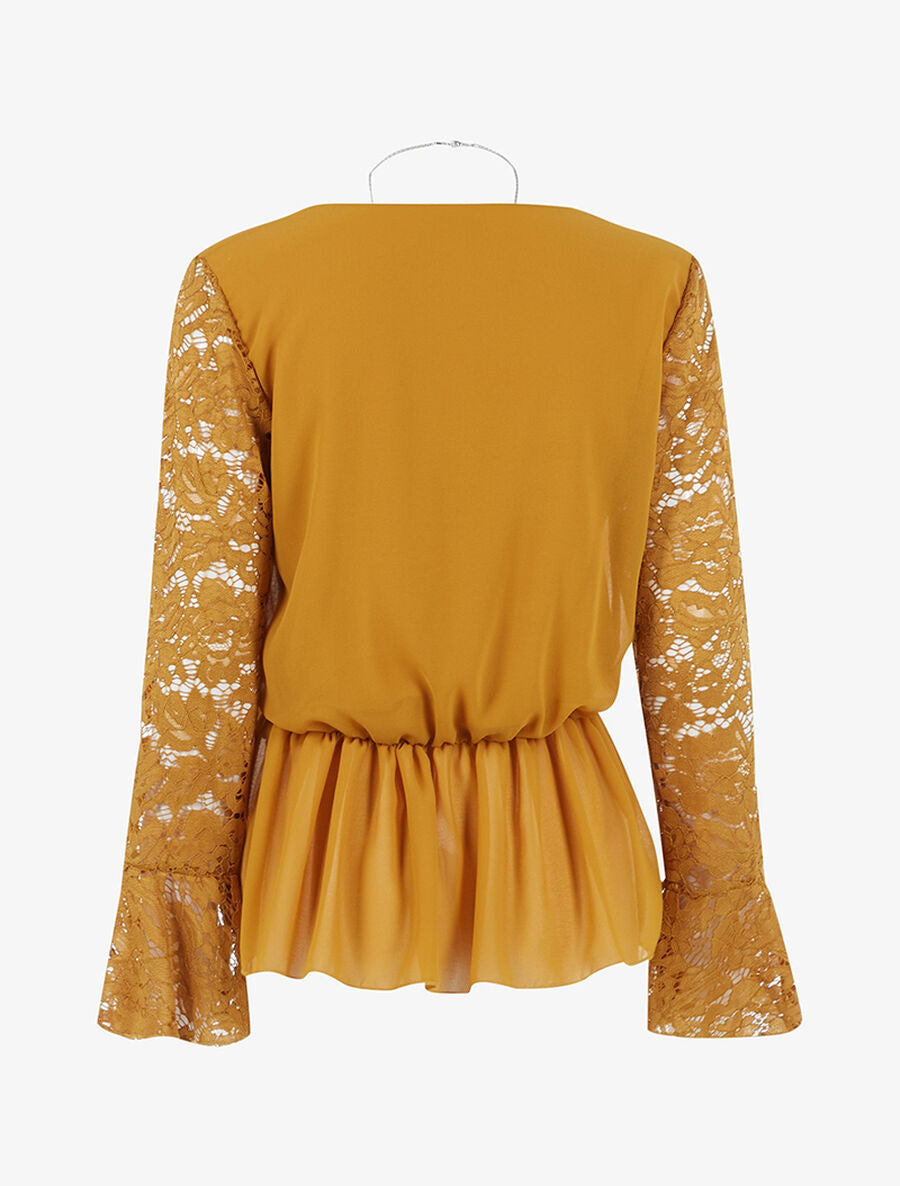 Blouse cintrée à manches dentelle - Moutarde - 2