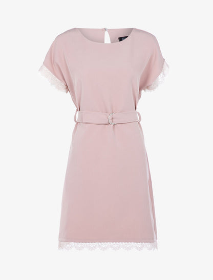 Robe ceinturée à bords dentelle - Rose - 1