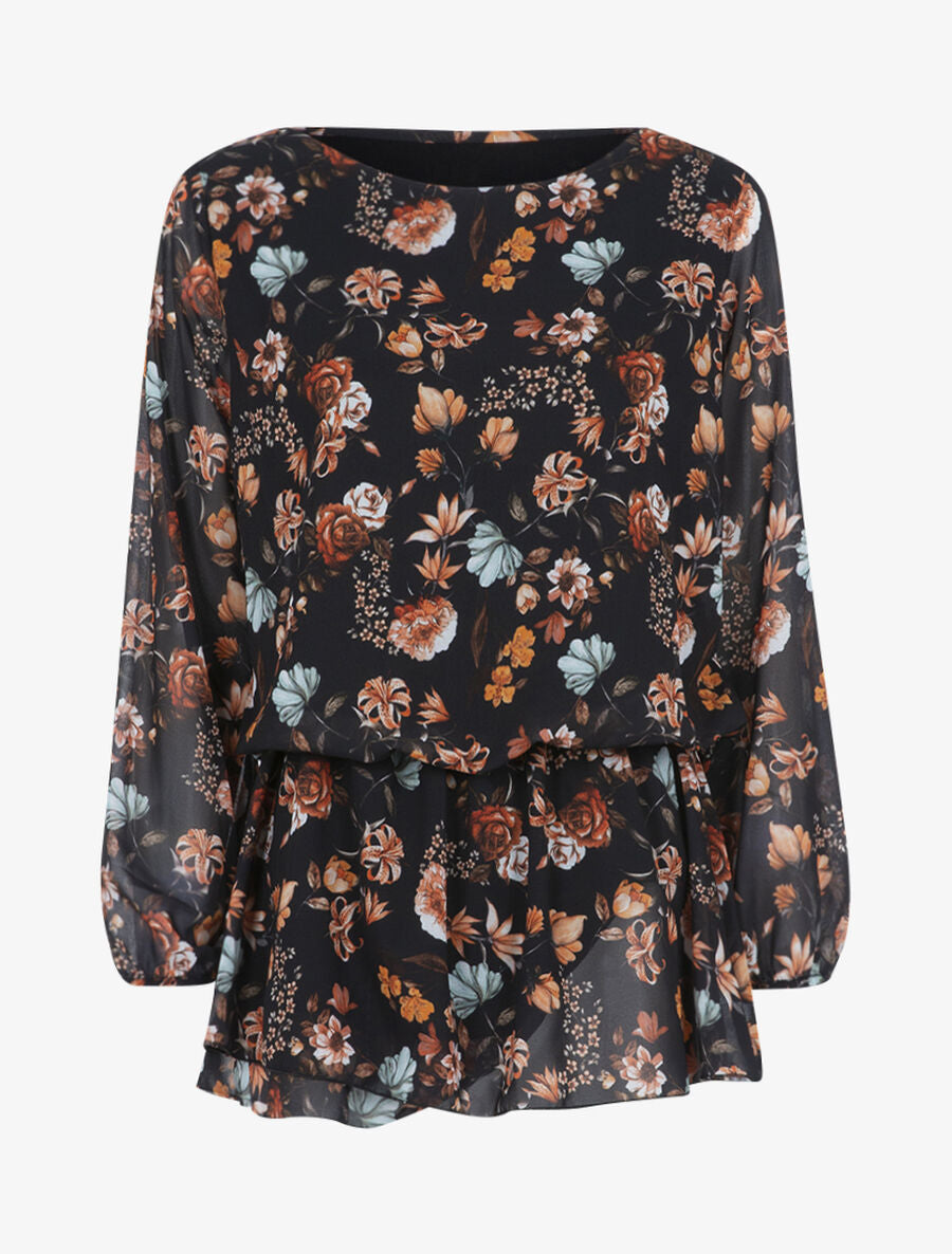 Top style tunique fleurie - Noir - 1