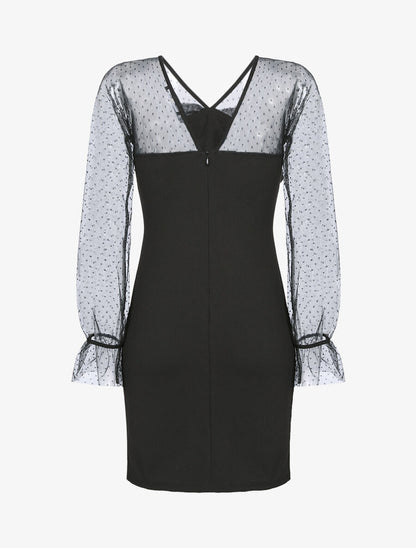Robe à empiècement en tulle à pois - Noir - 2