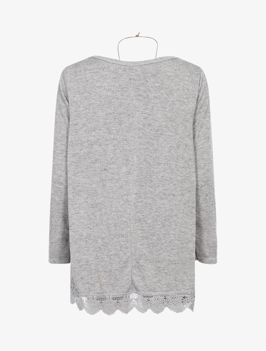 Pull oversize à bord dentelle et sautoir - Gris chiné - 2