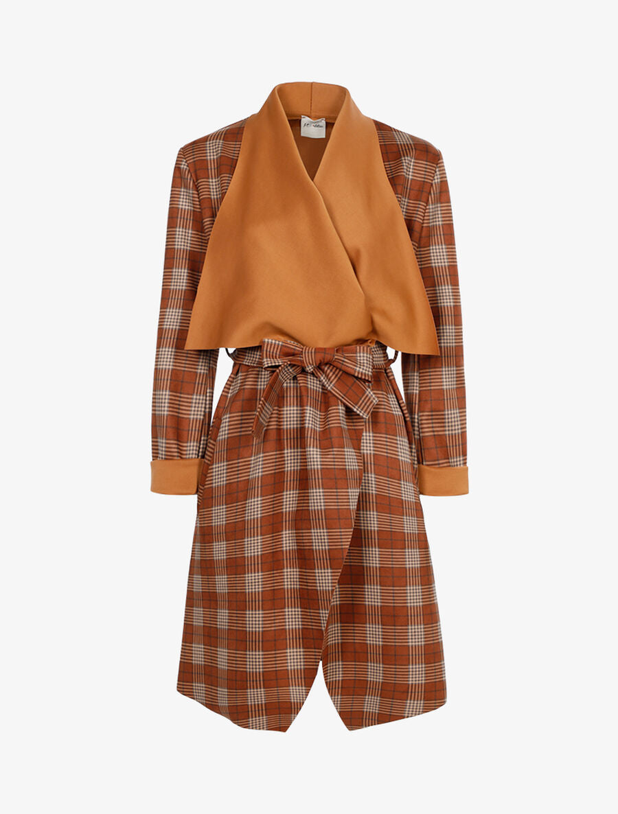 Veste longue oversize à imprimé tartan - Camel - 1