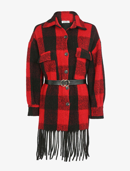 Manteau à imprimé tartan et franges - Rouge - 1