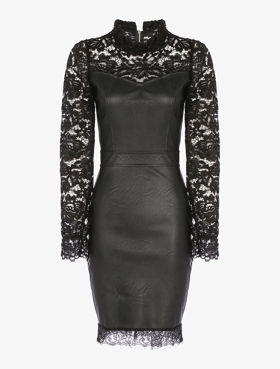 Robe en simili buste et manches en dentelle - Noir - 1