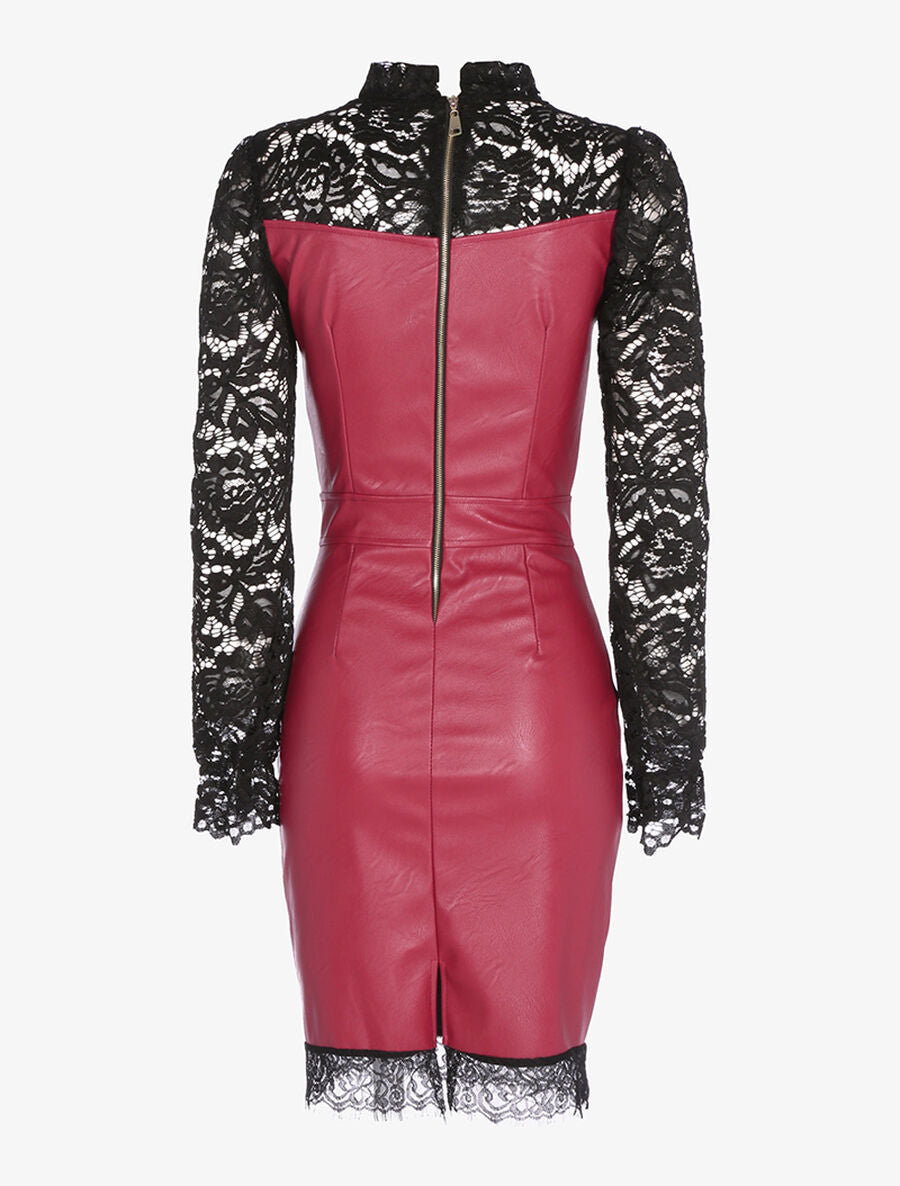 Robe en simili buste et manches en dentelle - Bordeaux/noir - 2