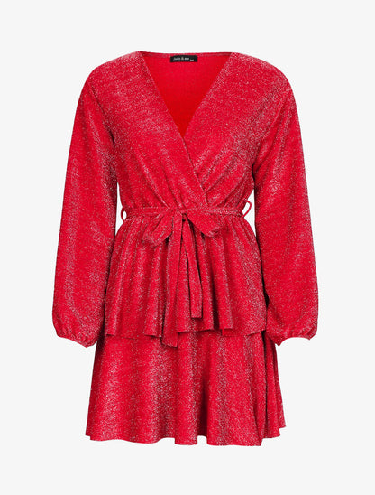 Robe pailletée à bas volanté - Rouge - 1
