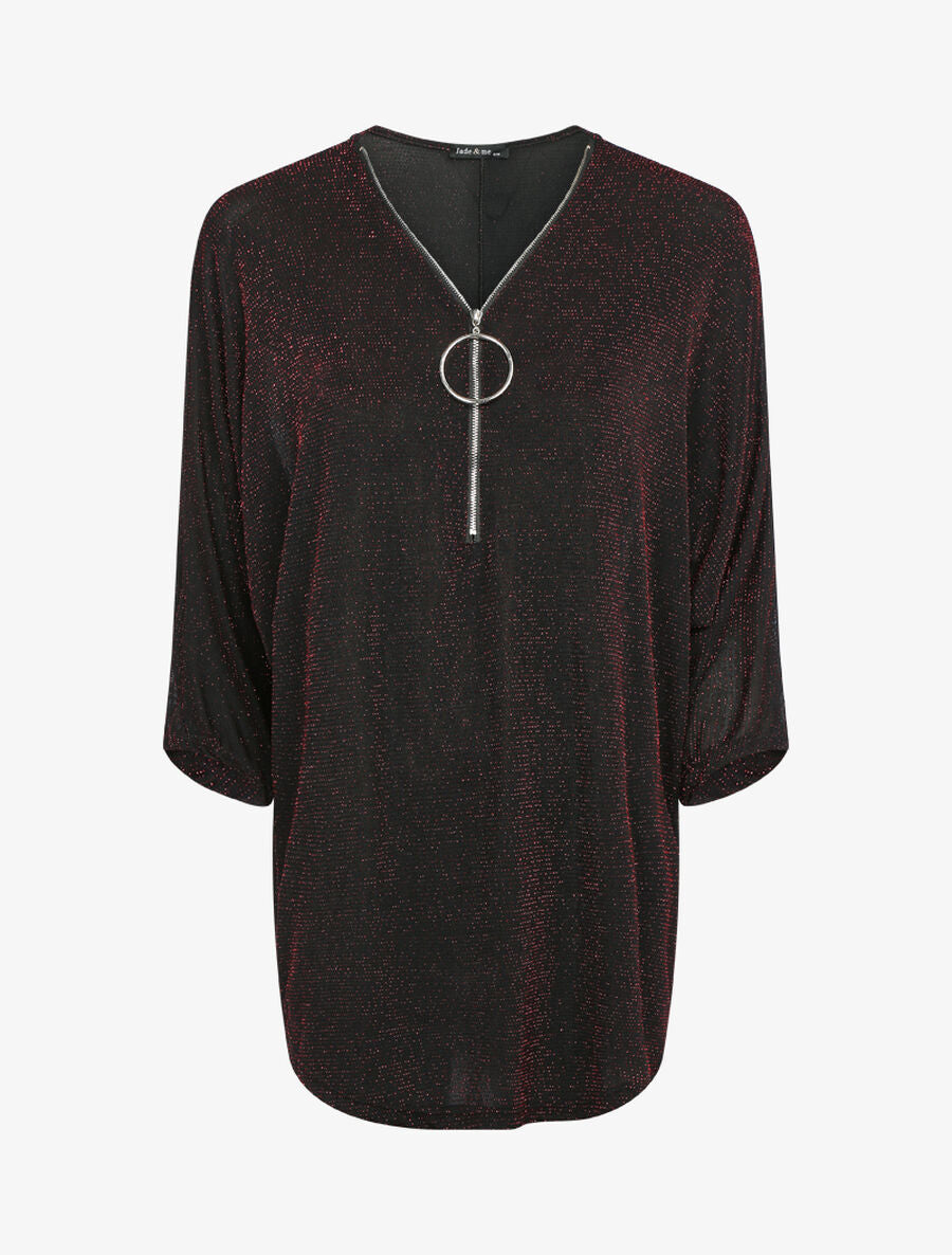 Top dolman pailleté à encolure zippée - Rouge - 1