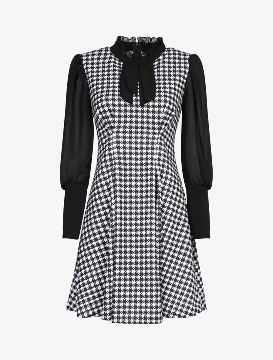 Robe imprimé pied de poule à col lavallière - Noir - 1