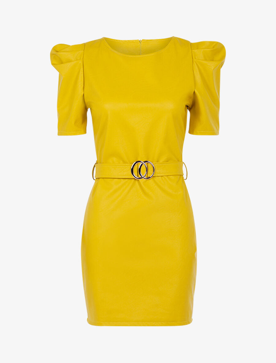 Robe en simili à manches gigot - Jaune - 1