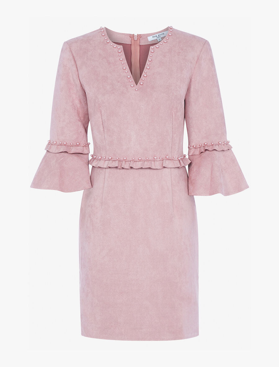 Robe en suédine à volants et perles - Rose - 3