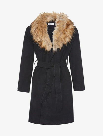Manteau ceinturé col fourrure - Noir - 1