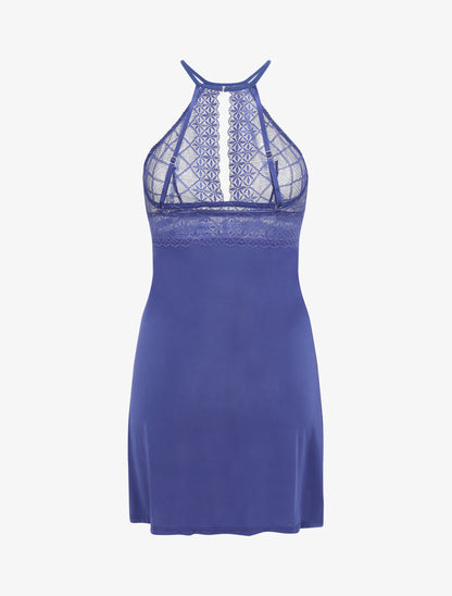 Robe nuisette à dos nu et haut en dentelle ajouré - Marine - 2