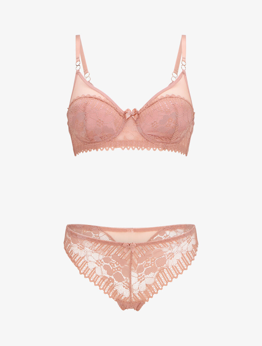 Ensemble soutien-gorge et string en dentelle - Vieux rose - 1