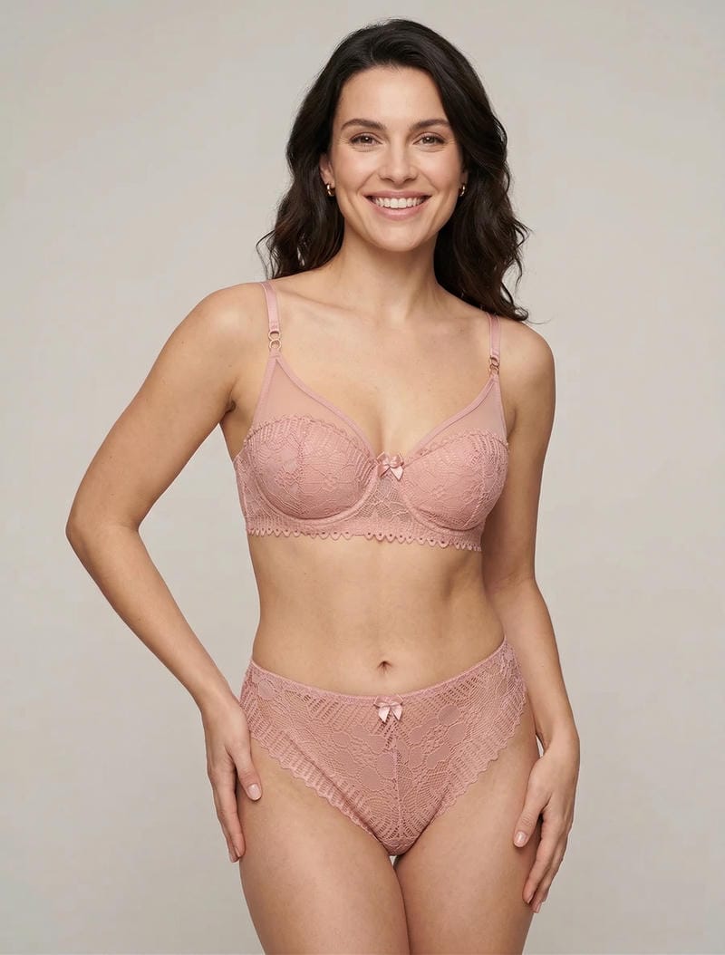Ensemble soutien-gorge et string en dentelle - Vieux rose