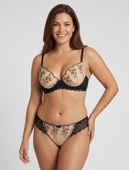 Ensemble soutien-gorge et tanga en dentelle irisée - Noir/beige