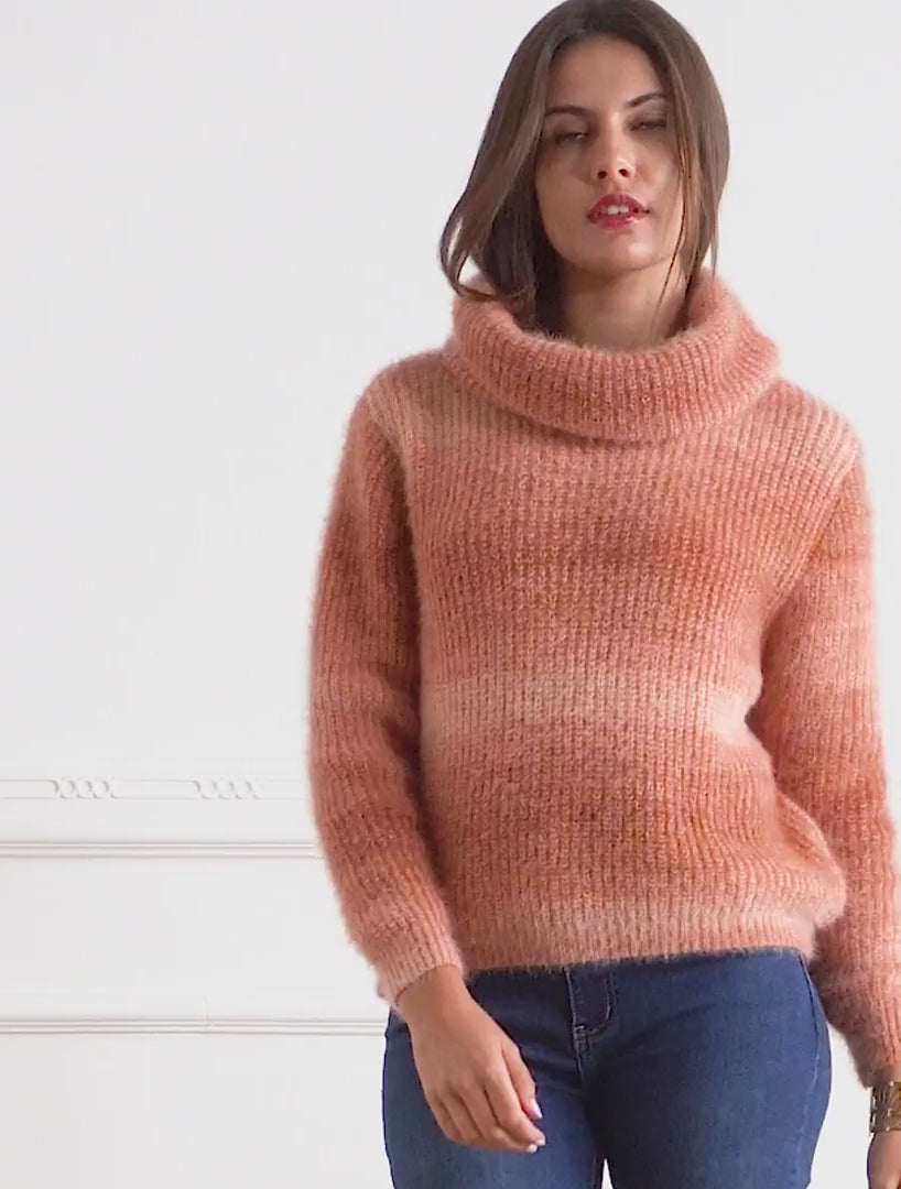 Pull duveteux bicolore col roulé - Orange
