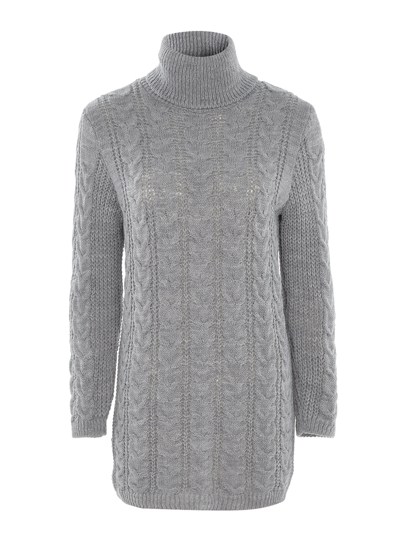 pull long col roul�� �� maille tress��e - gris clair - femme -