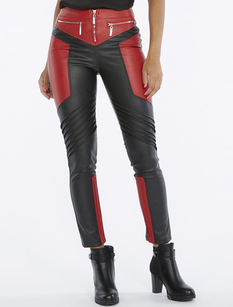 tregging style biker genoux pliss��s - rouge/noir - femme -