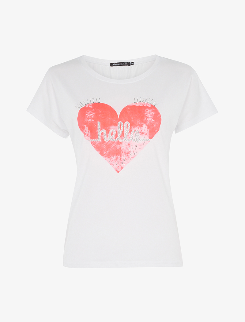 t-shirt coeur hello - blanc/orange fluo - femme -