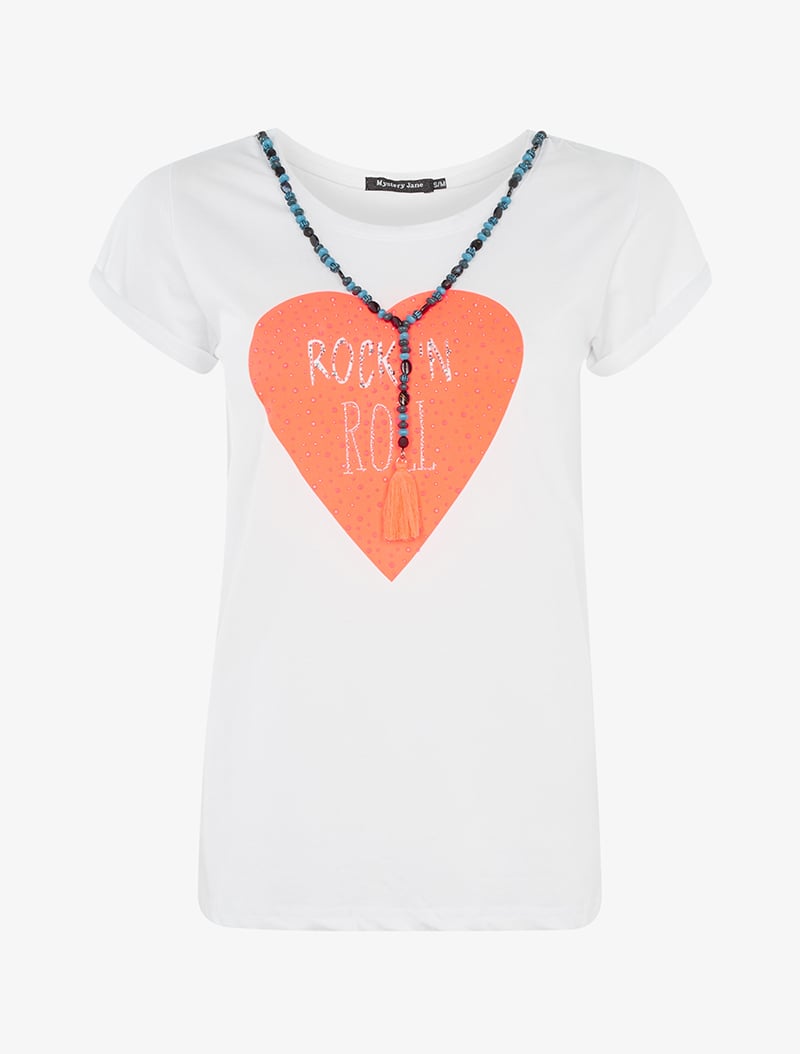 t-shirt rock'n roll heart - blanc/orange fluo - femme -