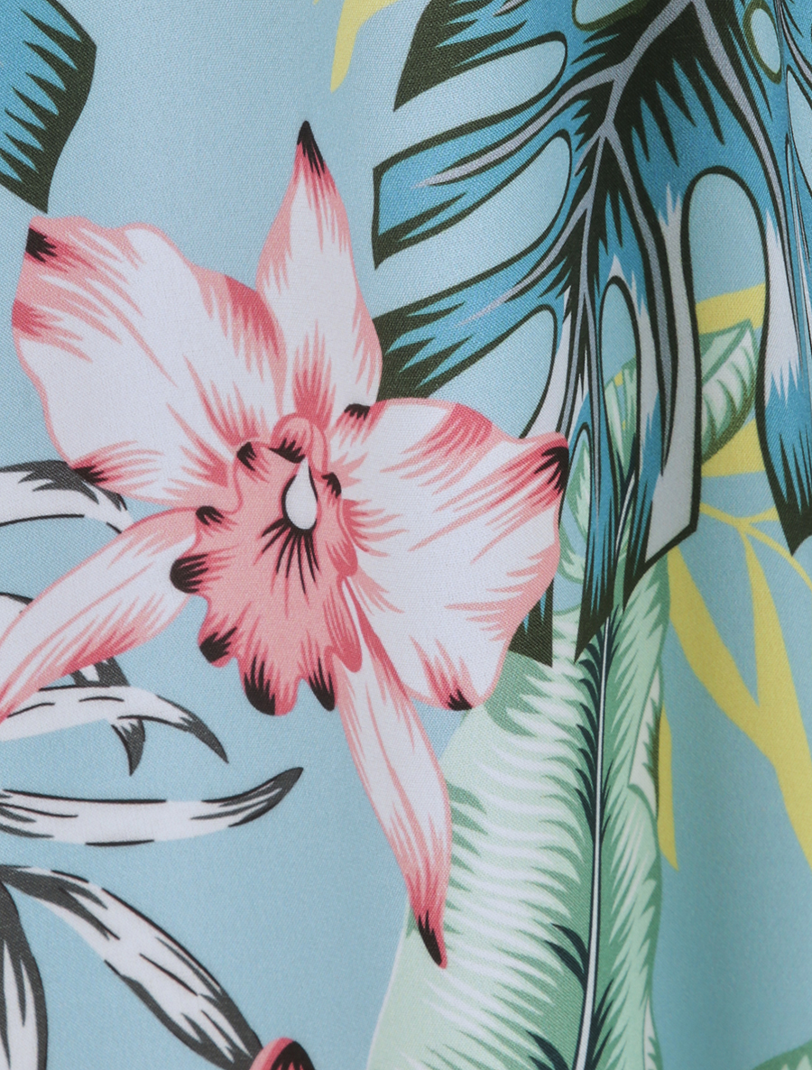 Robe longue cintrée imprimé orchidées tropicales - bleu clair