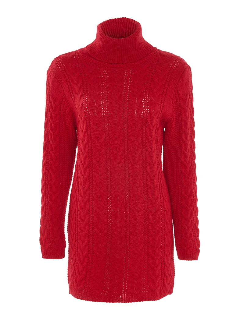 pull long col roul�� �� maille tress��e - rouge vif - femme -