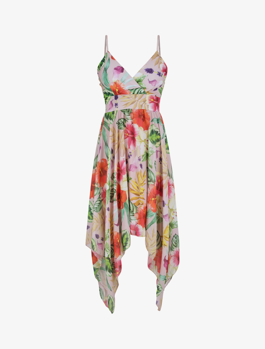 robe empire mi-longue asym��trique imprim�� hibiscus - femme -