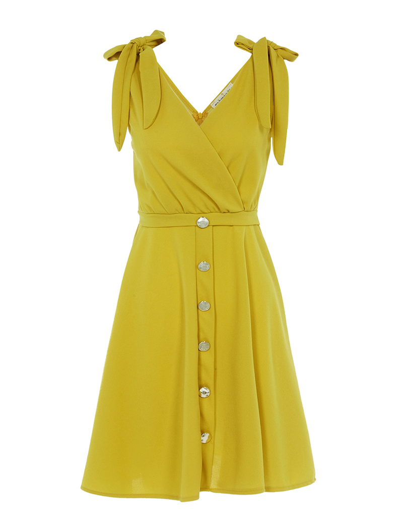 robe patineuse �� boutons et noeuds d��coratifs - jaune safran - femme -