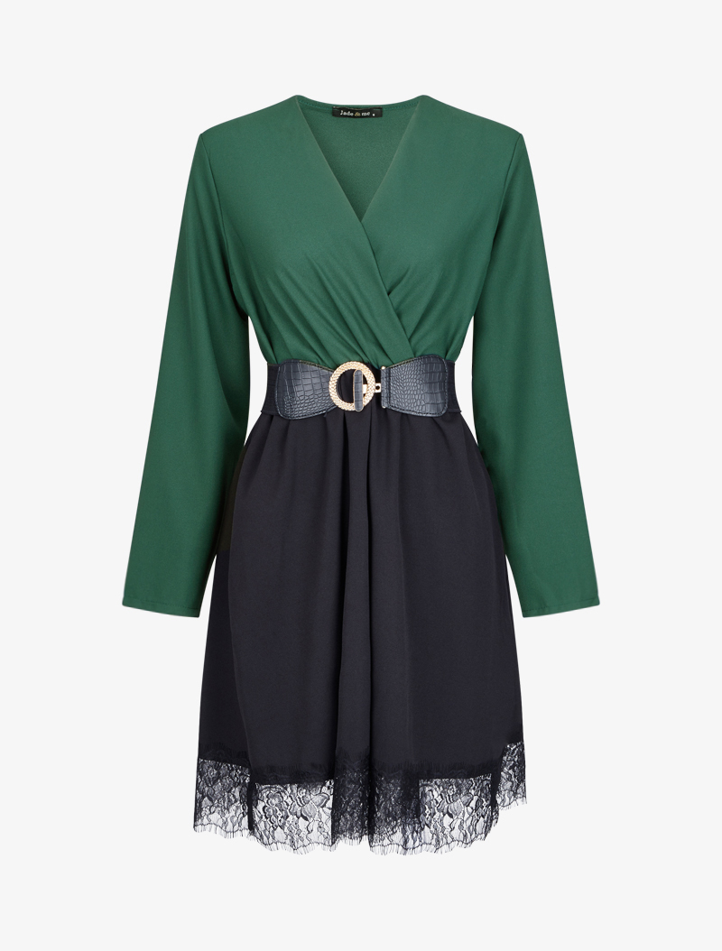 robe cache-coeur bicolore �� bord en dentelle - vert - femme -