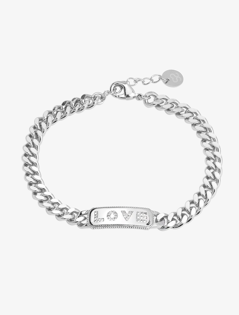 bracelet �� maille gourmette et plaque love - argent - femme -