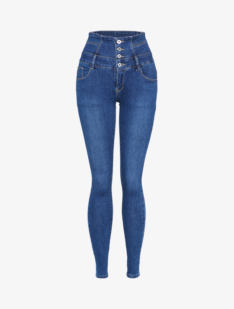 jean skinny taille empire �� coutures contrastantes - bleu denim - femme -