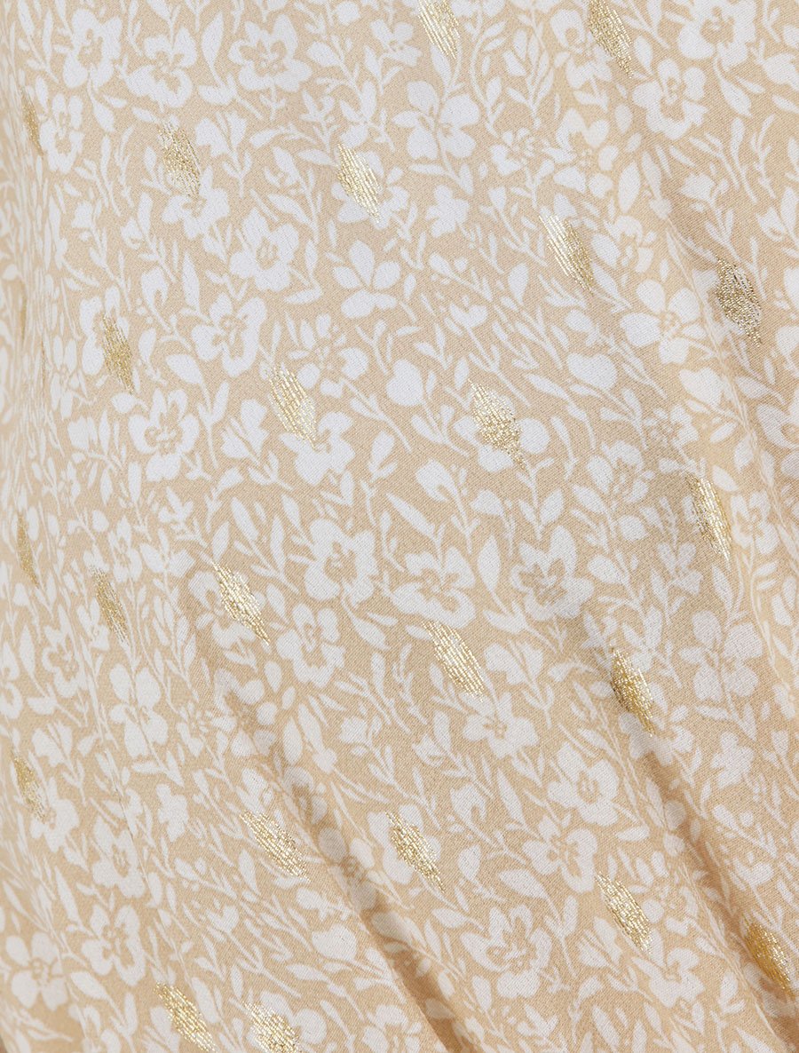 Robe longue patineuse imprimé fleurs d'été irisées - beige