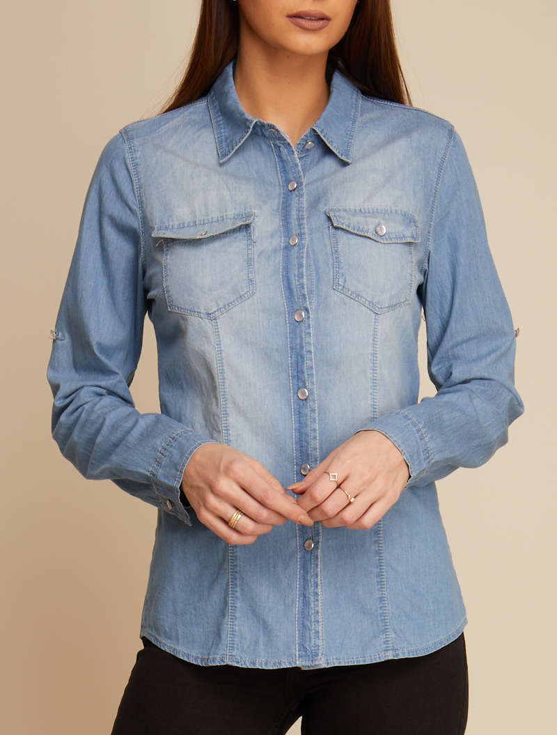 chemise basique �� manches ajustables - bleu denim - femme -