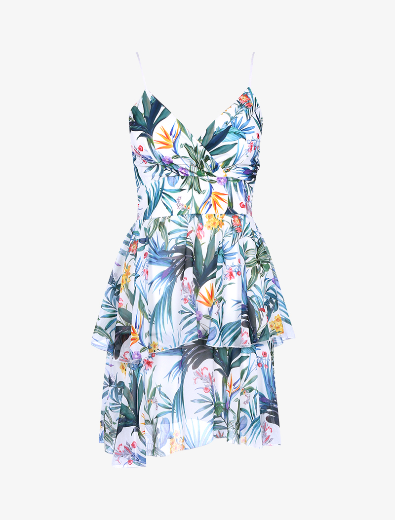 robe volant��e �� imprim�� fleurs et feuilles - ��cru - femme -