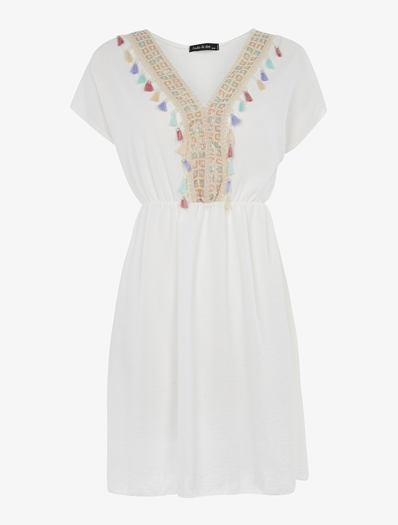 robe boh��me col �� pompons - blanc - femme -