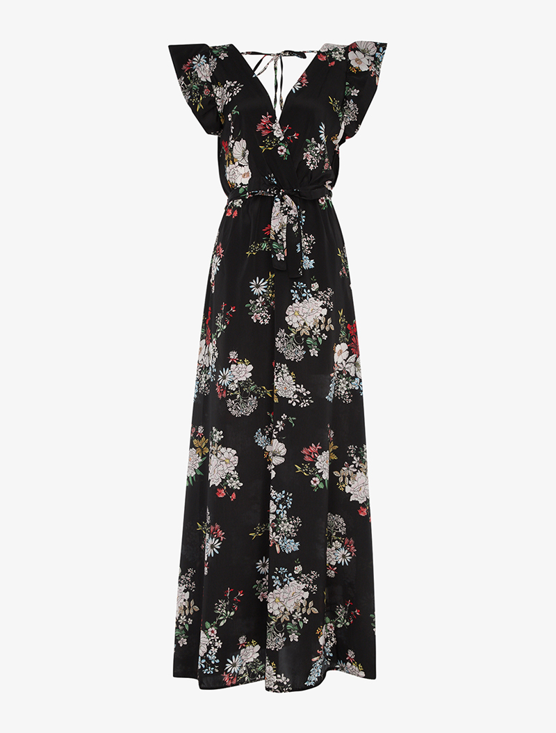 robe longue fleurie satin��e - noir - femme -