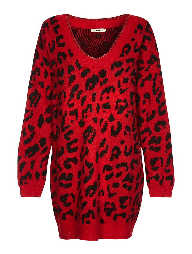 robe-pull col v imprim�� l��opard - rouge - femme -