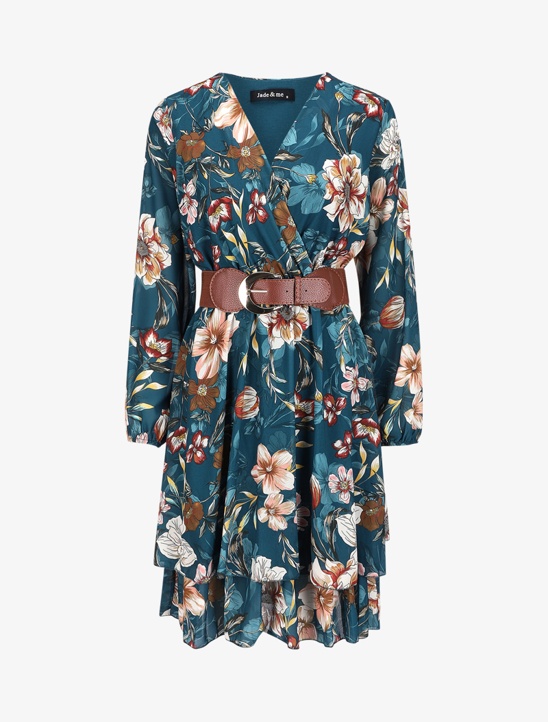 robe cache-coeur �� motif floral - bleu canard - femme -