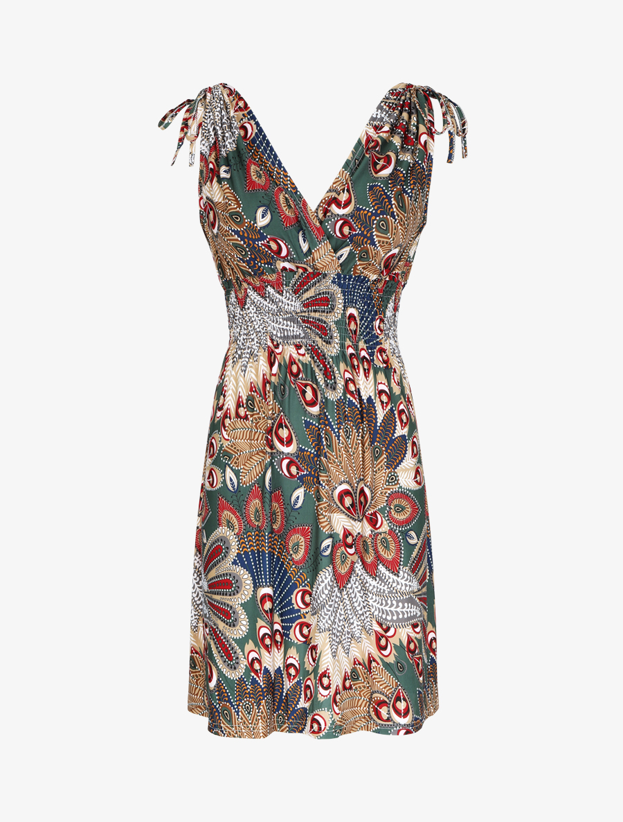 robe mi-longue ��lastiqu��e imprim�� plumes de paon - femme -