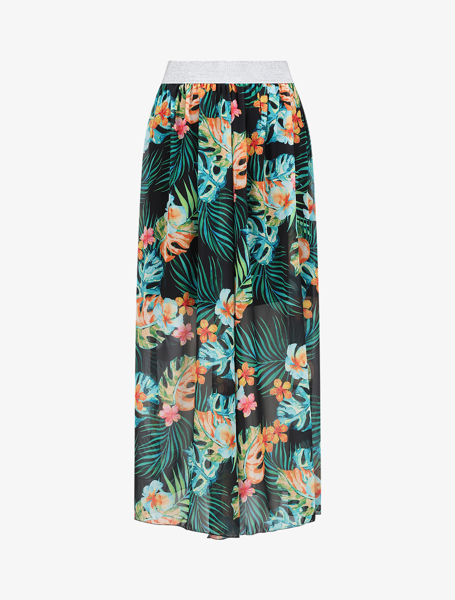 jupe longue en voile imprim�� tropical �� ceinture contrastante - femme -