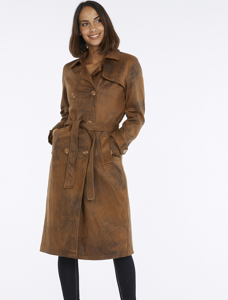 manteau long effet croute de cuir - marron - femme -