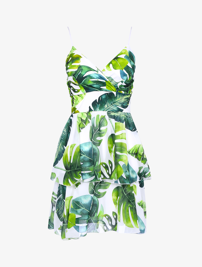 robe volant��e �� imprim�� tropical - ��cru/vert - femme -