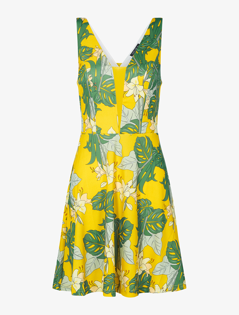 robe patineuse imprim�� tropical - jaune/vert - femme -