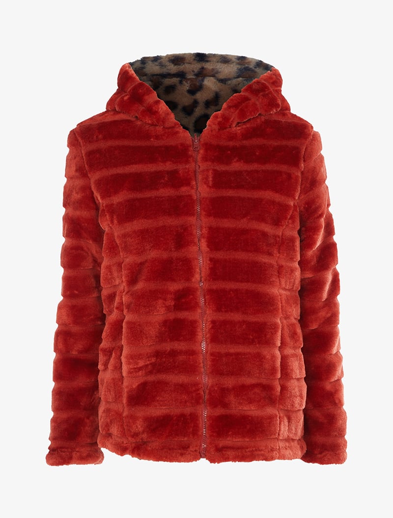 manteau court r��versible en fourrure synth��tique - rouge - femme -