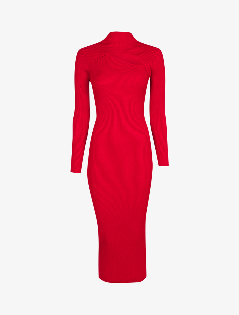 robe fourreau longue �� d��collet�� ajour�� asym��trique - rouge - femme -