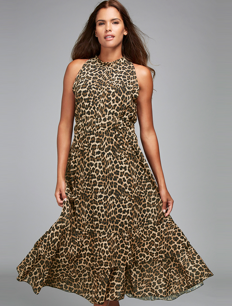 robe longue l��opard nuque �� nouer - beige - femme -