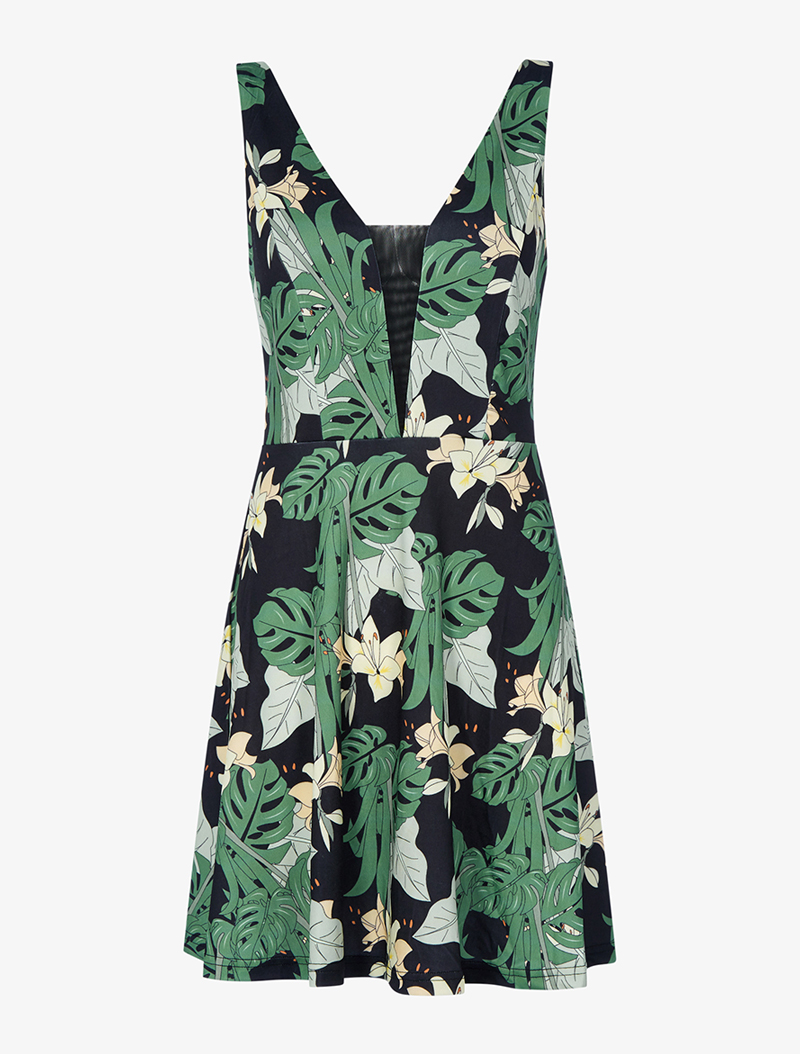 robe patineuse imprim�� tropical - noir/vert - femme -