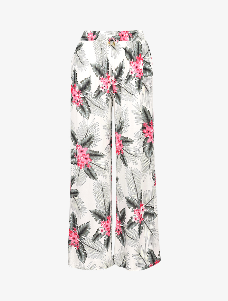 pantalon fluide �� imprim�� fleurs tropicales - blanc - femme -